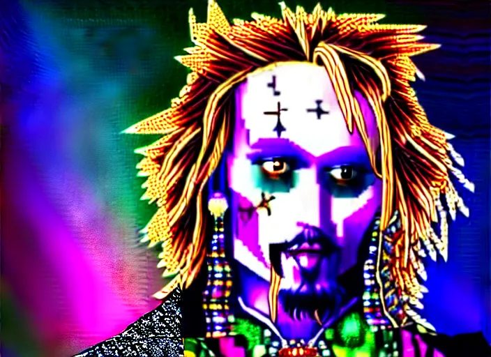 Prompt: baroque bedazzled gothic bedazzled futuristic frames surrounding a pixelsort highly detailed portrait of a colorful maximalist maximalism deocra cute jester art of jack sparrow grindelwald, a hologram by penny patricia poppycock, pixabay contest winner, holography, irridescent, photoillustration, maximalist vaporwave