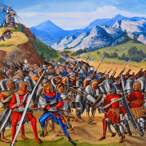 Image similar to wideshot of a medieval battle in front of a beautiful blue mountainscape, painting