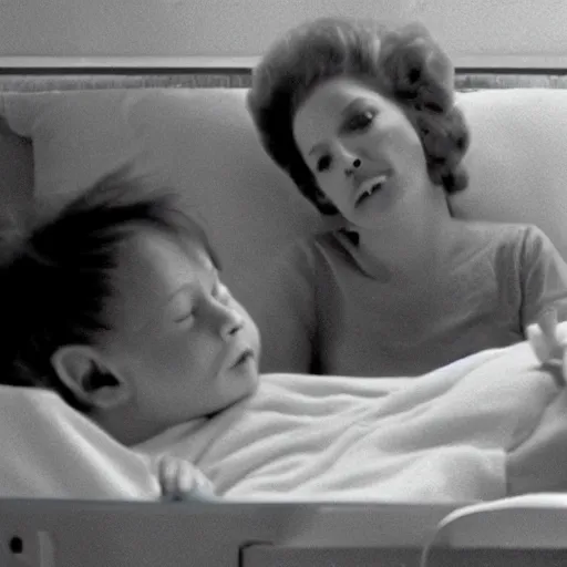 Prompt: woman who has given birth to a squishy inflatable toy, in hospital bed, Fellini film, 1974 archival footage, technicolor film expired film, 16mm, wacky children's tv