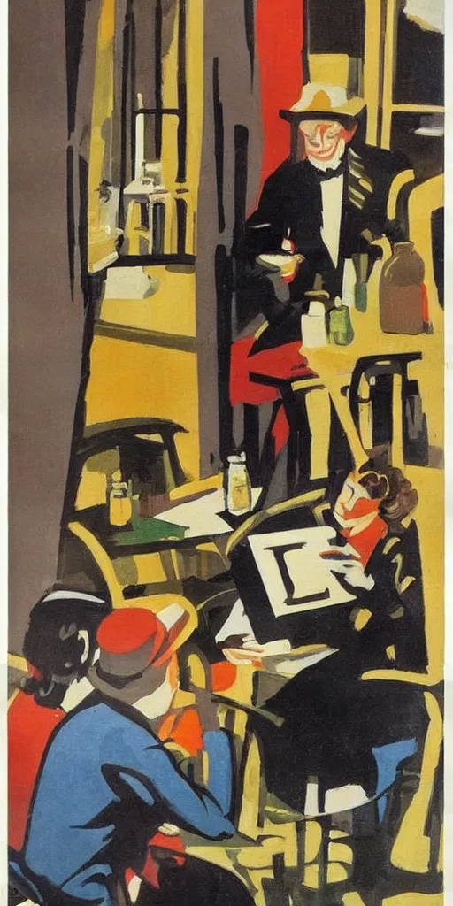 Prompt: A 1950’s poster of a a French artist painting plein air at a coffee shop on street in Paris in art deco style