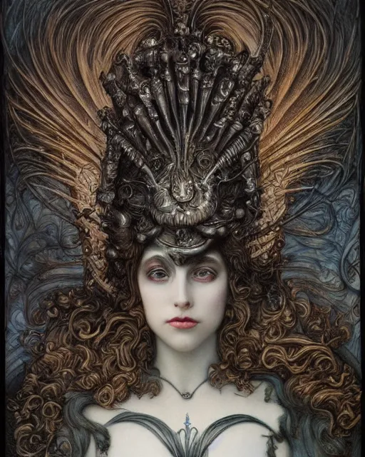 Prompt: in the style of beautiful lady gaga steampunk, detailed and intricate by jean delville, gustave dore and marco mazzoni, art nouveau, symbolist, visionary, gothic, pre - raphaelite