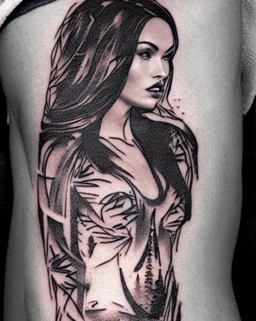 Image similar to double exposure effect tattoo design sketch of megan fox with amazing mountain scenery, realism tattoo, in the style of den yakovlev, amazing detail, sharp