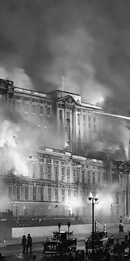 Image similar to the fall of the united kingdom, buckingham palace on fire at midnight