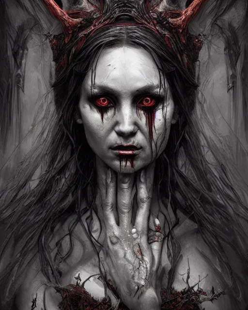 Image similar to demonic lilith goddess, hyper realistic face, horror, fantasy art, in the style of greg rutkowski, intricate, hyper detailed