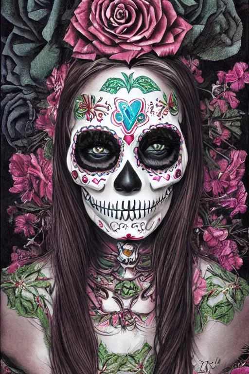 Prompt: Illustration of a sugar skull day of the dead girl, art by Ted Nasmith