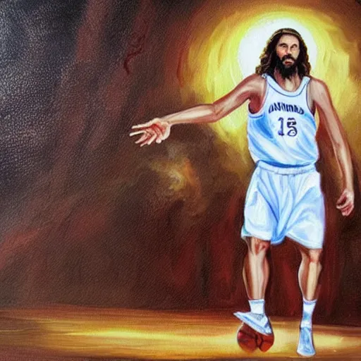 Prompt: Jesus playing basketball in oil painting