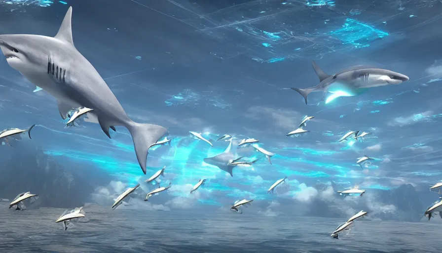 Prompt: highly futuristic school of fish flying through the sky towards an infinite shark god, unreal engine