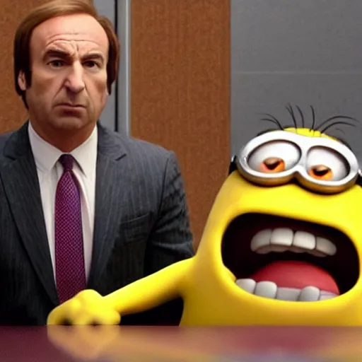 Prompt: saul goodman defending a minion in court