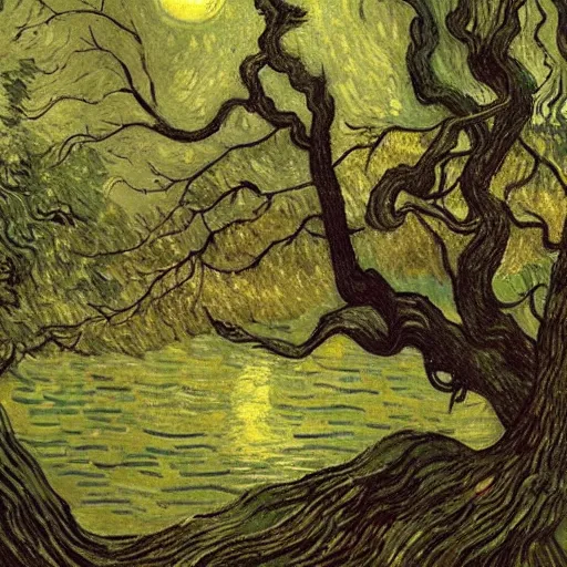 Image similar to highly realistic scenic painting of a towering misty dark fantasy forest surrounding a pond, a rusalka sits on the roots of an ancient tree looking up at the moon, spooky fog, looming trees, beautiful fantasy painting hd, painting by van gogh