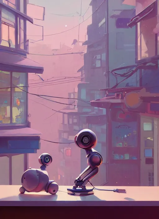 Image similar to seen through a window, robot toy shop, detailed, cory loftis, james gilleard, atey ghailan, makoto shinkai, goro fujita, studio ghibli, rim light, exquisite lighting, clear focus, soft painting, ethereal, 8 k