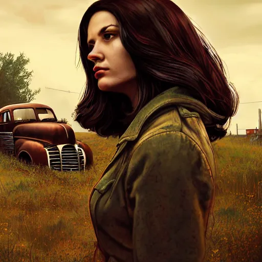 Image similar to fallout 5, charismatic brunette female protagonist, portrait, outdoors scene, somewhere in a low density rural town, retro rusted cars, atmospheric lighting, painted, intricate, volumetric lighting, beautiful, daytime, sunny weather, sharp focus, slightly desaturated, ultra detailed, by leesha hannigan, ross tran, thierry doizon, kai carpenter, ignacio fernandez rios