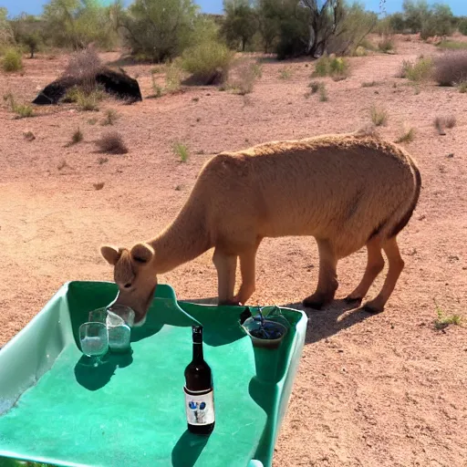 Prompt: animals drinking at a desert oasis