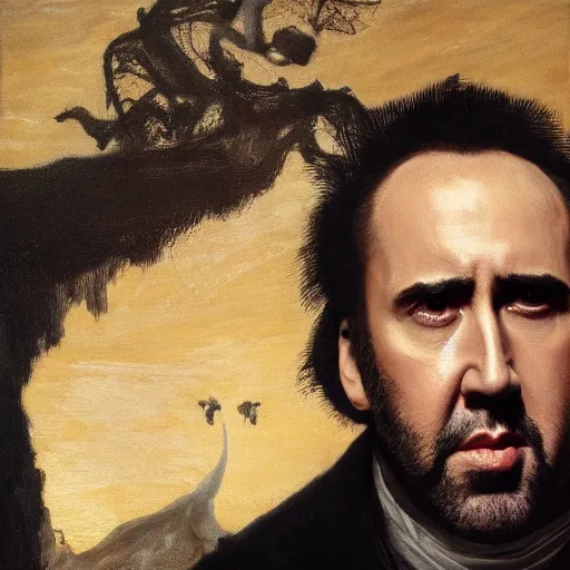 Image similar to Nicolas Cage in a black coat, religious masterpiece portrait, oil on canvas, golden hour, in the world of Andrew Wyeth and Bloodborne, artstation, by J. C. Leyendecker and Peter Paul Rubens,