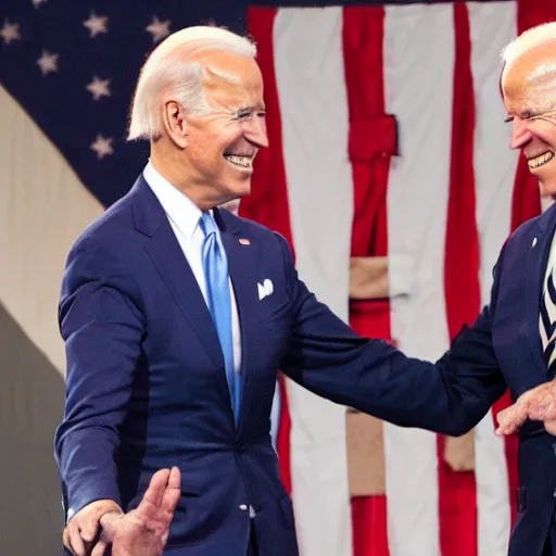 Prompt: joe biden shaking hands with joe biden both grinning, picture, realistic
