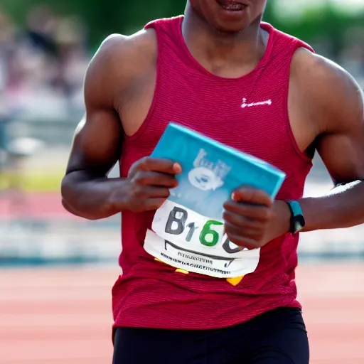 Image similar to stock photograph of an athletic runner holding a bible. Chased by mysterious monsters. Track and field event. DSLR Photography