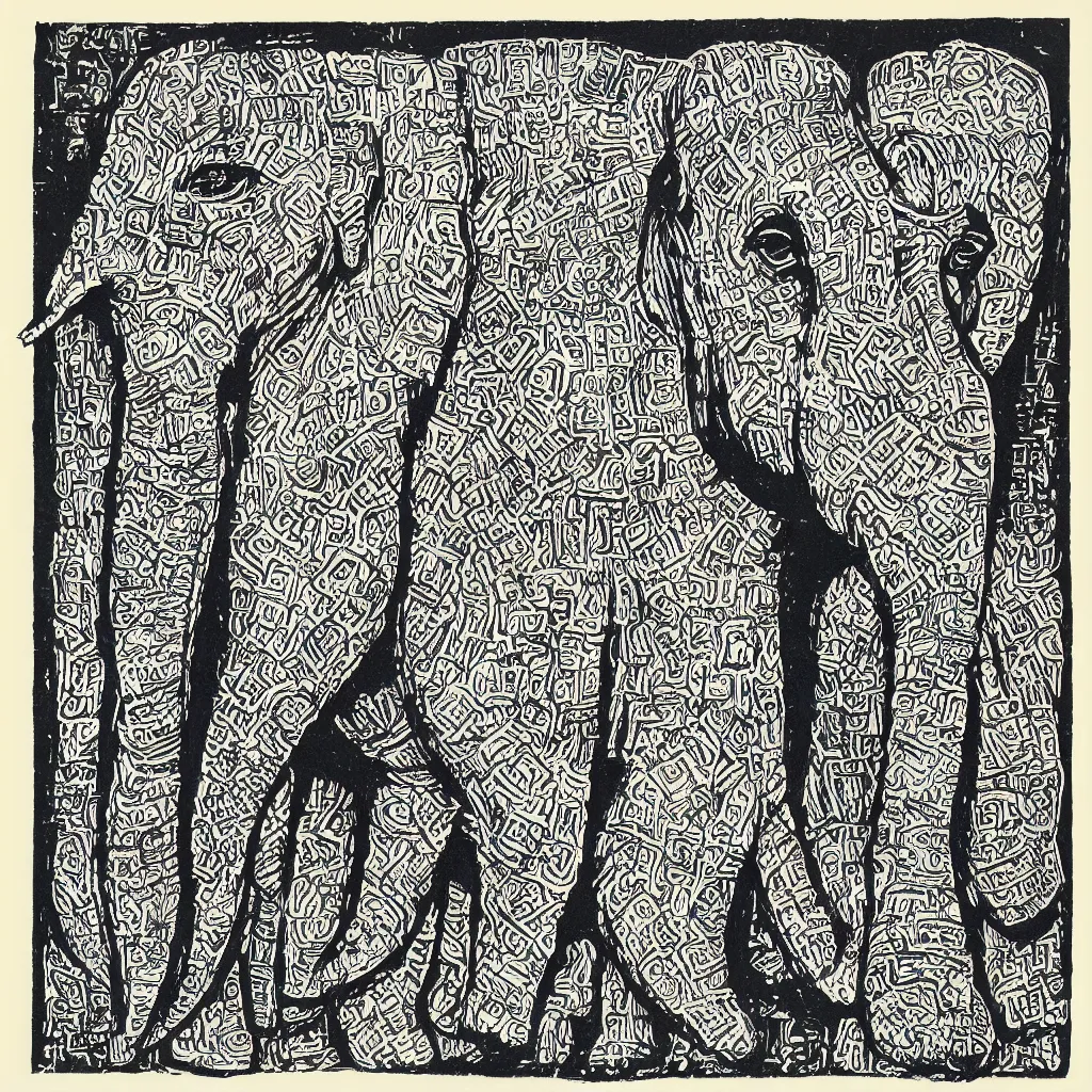 Prompt: block print cubist style elephant art