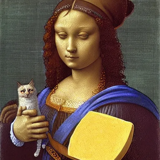 Prompt: A painting by Leonardo da vinci of a cat dressed as french emperor napoleon holding a piece of cheese