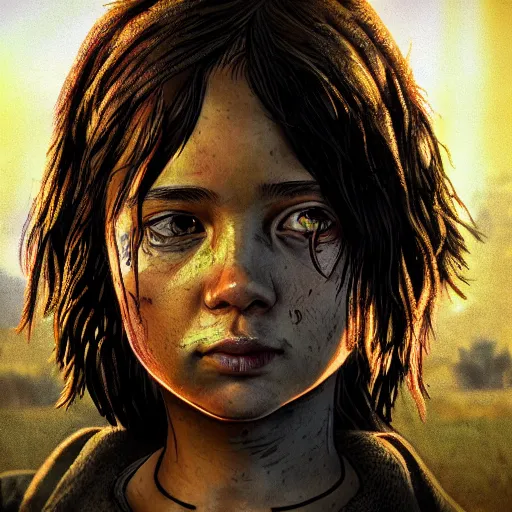 Image similar to portrait art of clementine from game the walking dead by telltale games, 8 k ultra realistic, lens flare, atmosphere, glow, detailed, intricate, full of colour, led lighting, 4 k, hyperrealistic, focused, extreme details, unreal engine 5, masterpiece