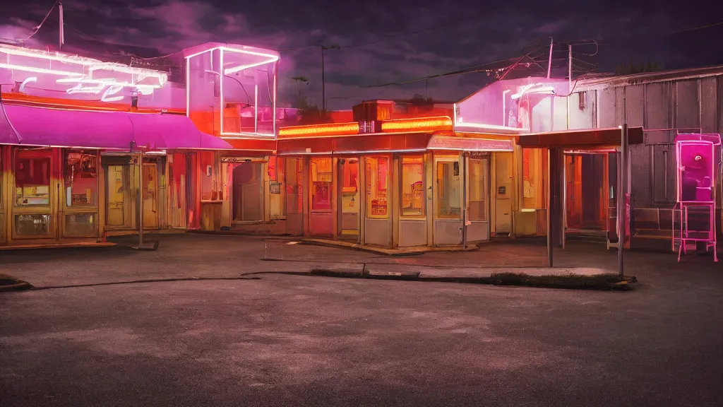 Image similar to an empty parking lout outside an abandoned retro diner at night, by lee madgwick, pink and orange neon lights, highly detailed, photorealistic, artstation trending, cryengine 8 k uhd