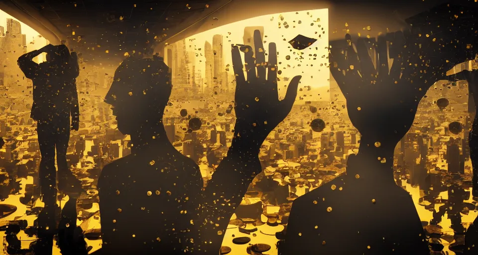 Image similar to Dramatic photo of a CEO waving goodbye in front of a group of silhouettes of his coworkers in a futuristic office. Golden coins are levitating all around them. 8k, high detail, trending on Artstation, volumetric lighting, cyberpunk