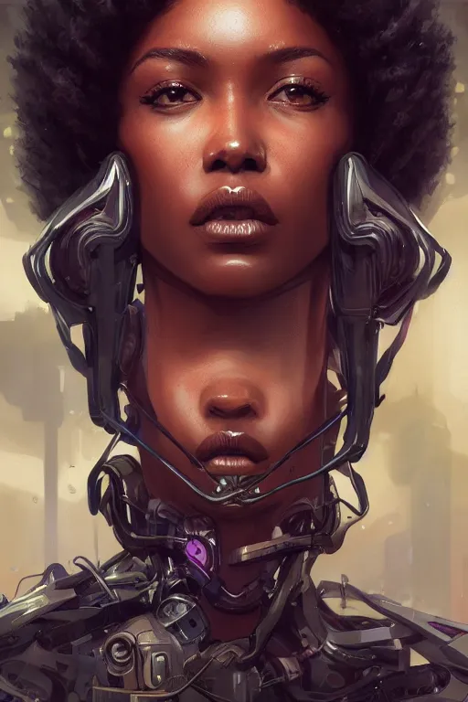 Image similar to ultra realistic illustration, closeup headshot 3 5 mm, black woman, hacknaut cyberpunk, sci - fi, fantasy, intricate, elegant, highly detailed, digital painting, artstation, concept art, smooth, sharp focus, illustration, art by artgerm and greg rutkowski and alphonse mucha