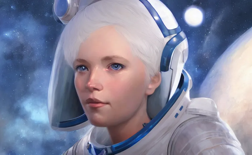 Image similar to portrait of a blue-eyed girl with white hair in a space suit against the background of space, painting by Craig Mullins, octane rendering, soft morning lighting, wide angle lens, in the style of Hayao Miyazaki, trending on artstation,