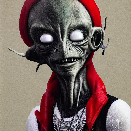 Image similar to a punk alien wearing Rick Owens clothing, an airbrush painting by Jamie Hewlett, cgsociety, symbolism, antichrist, aesthetic, 8k