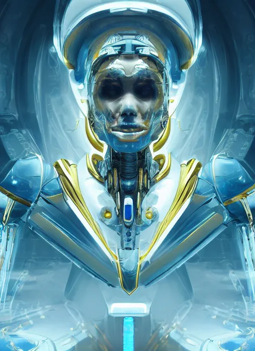 Image similar to benevolent cyborg necromancer, scifi, futurism, alien room background, white, blue, gold, highly detailed, trending on artstation, soft light, sharp edges, illustration, spiritual, technology, art by vitaly bulgarov and nivanh chanthara