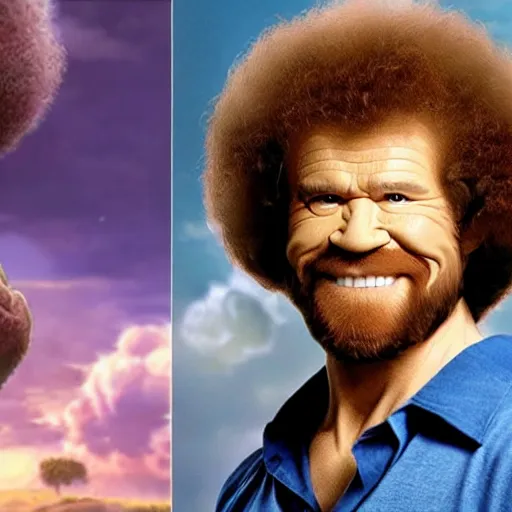 Image similar to Bob Ross as The Incredible Hulk, photorealistic, volumetric clouds, Marvel Universe cinematography movie scene,