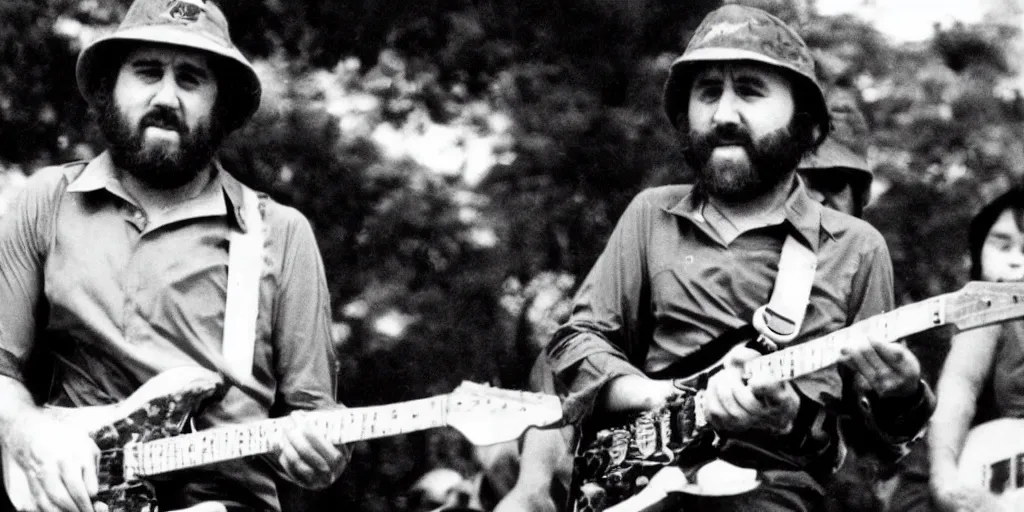 Prompt: roy buchanan onstage in vietnam during uso tour 1 9 7 3, color, soldiers, cinematic, saigon