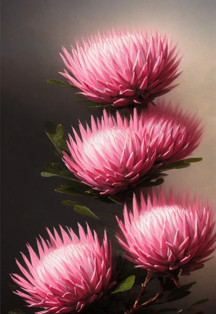 Prompt: detailed pink and white proteas against a black backdrop by ivan aivazovsky, detailed brush strokes, oil painting, artstation