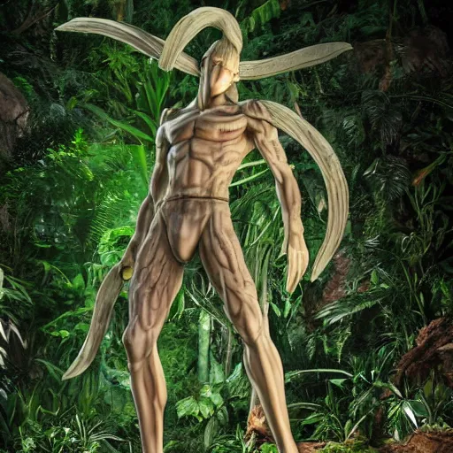 Prompt: a huge, detailed sculpture of a hunter x hunter character, found in a lost jungle city dynamic light, 16k hd megascan materials, photorealistic foliage