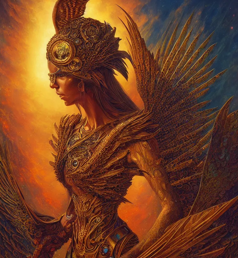 Image similar to a beautiful tarot card artwork of a cyberpunk seraphim in nature, backlit, highly detailed, golden hour, digital painting, by karol bak and justin gerard and dan mumford and artgerm, vivid colors, masterpiece, detailed shading, 8 k resolution, intricate, smooth