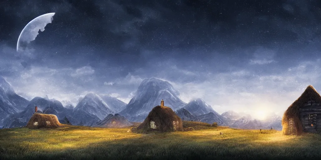 Image similar to Void covered fields with large mountains in the distance, small cottage in the foreground, nighttime, moon in the night sky, landscape wallpaper, d&d art, fantasy, painted, 4k, high detail, sharp focus