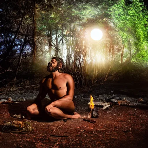 Image similar to spartan doing ayahuasca ritual at camp fire, jungle background, full moon with stars, hyper realistic award winning photographic portrait, dramatic cinematic lighting