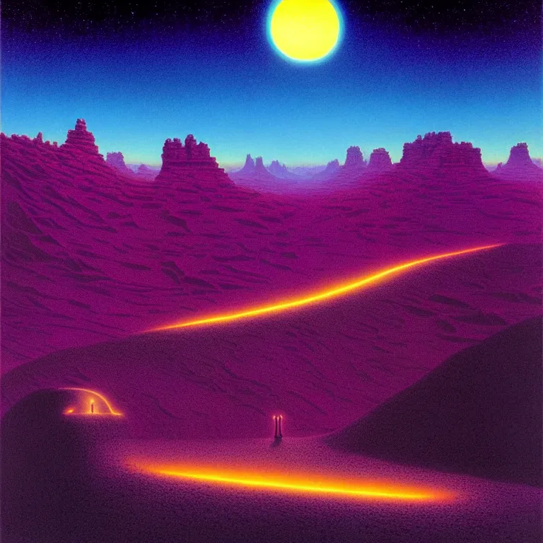 Image similar to astral travel mysterious desert canyon at night, infinite sky, synthwave, bright neon colors, highly detailed, cinematic, tim white, michael whelan, roger dean, bob eggleton, lisa frank, vladimir kush, kubrick, kimura, isono