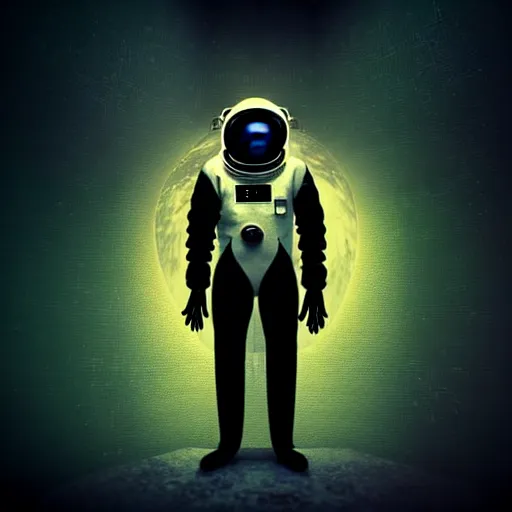 Prompt: full-body dark creepy gothic retro illustration realism a decapitated astronaut with futuristic elements. he welcomes you under with no head, empty helmet inside is occult mystical symbolism headless full-length view. standing on ancient altar eldritch energies disturbing frightening, award winning digital illustration hyper realism, 8k, depth of field, 3D