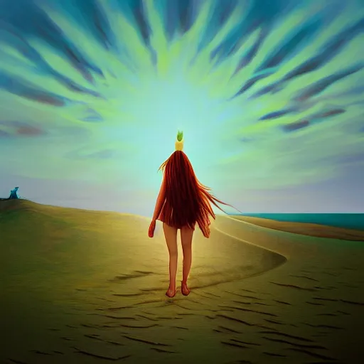 Image similar to closeup giant dahlia flower into head, girl walking between dunes, surreal photography, sunrise, blue sky, dramatic light, impressionist painting, digital painting, artstation, simon stalenhag