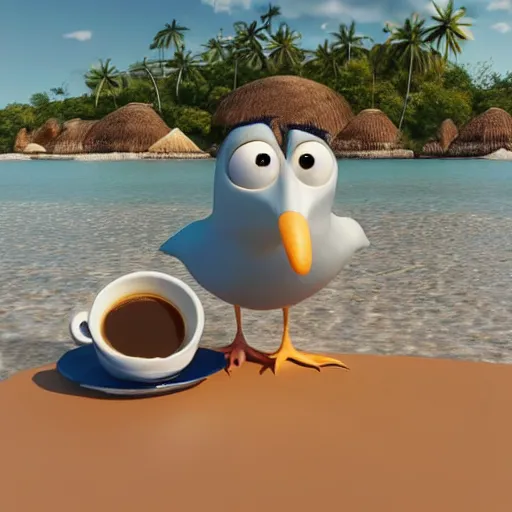 Image similar to a seagull with big eyes looking for a cup of coffee in a beautiful beach in Caribee. Pixar Disney 4K 3d render funny animation movie Oscar winning trending on ArtStation and Behance. Ratatouille style.