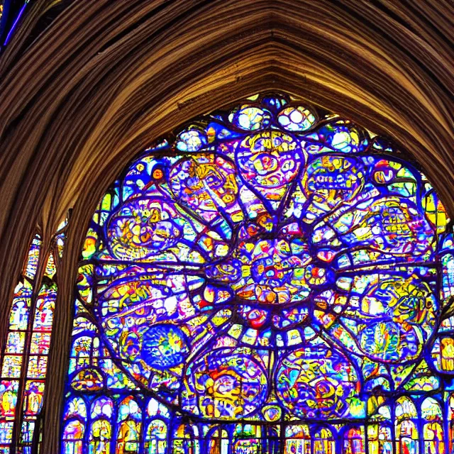 Image similar to gothic cathedral rose window megastructure depicting techo circuitry, intricate colorful masterpiece, hyper detailed, hd