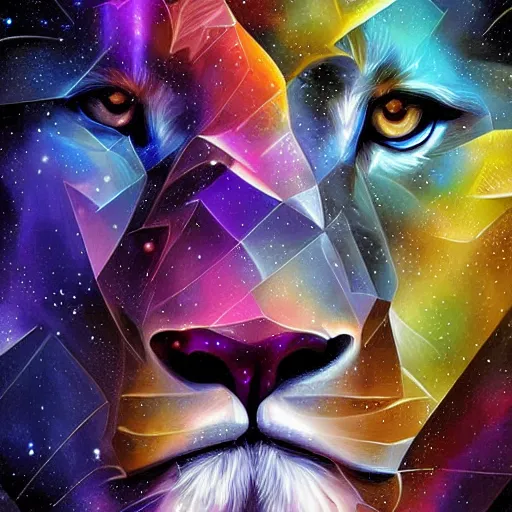 Image similar to geometric lion with galaxy eyes in space, nebula in the background, intricate, elegant, highly detailed, digital painting, artstation, concept art, smooth, sharp focus, illustration, art by artgerm