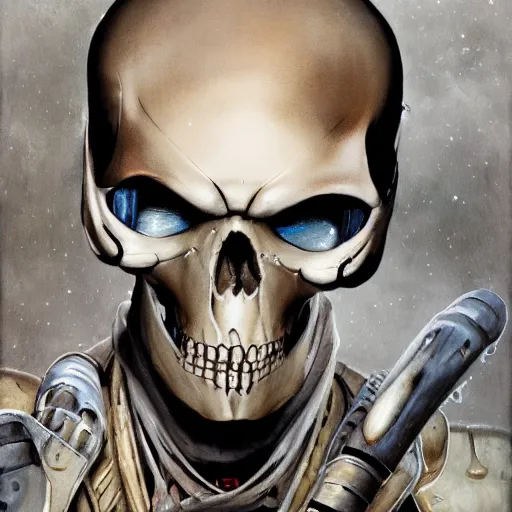 Image similar to A mixed media portrait painting of a skull skeleton punk rockers band, sweat, aesthetic symmetrical face and eyes, photorealistic, model, wet, starship-troopers, pacific-rim-mech in background, eighties pinup style, by Frank Frazetta, Boris Vallejo, Beeple, Greg Rutkowski, Christian MacNevin, epic fantasy character art, high fantasy, CGsociety, exquisite detail, post-processing, masterpiece, cinematic