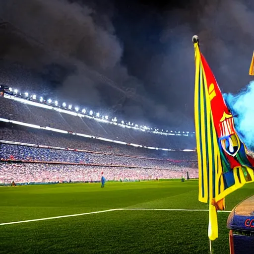 Prompt: high quality photograph, the camp nou burning in the distance, while florentino perez smokes a cigar next to the camera