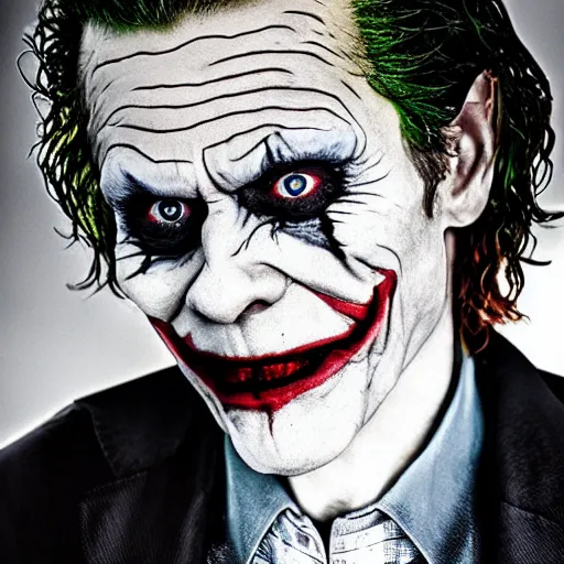 Prompt: set photo of Willem Dafoe as the Joker HD photograph