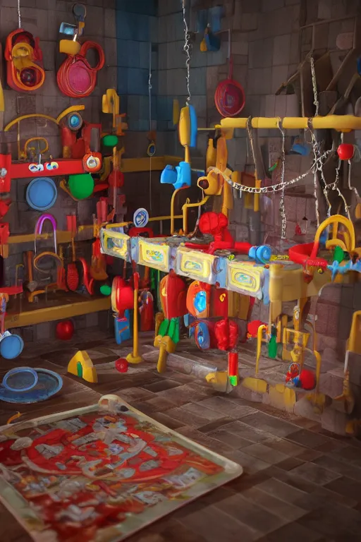 Image similar to render of fisher price dungeon with plastic torture devices, fisher price house plastic walls, cinematography by wes anderson, 4 k octane render, intricate detail, photorealistic, cinematic lighting, artstation