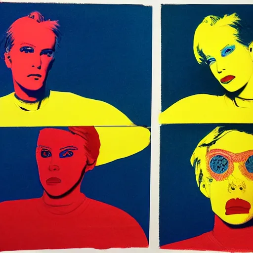 Image similar to panels of primary colors lithography cyborgs in the style of andy warhol