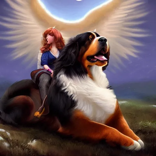 Image similar to an angel riding a giant Bernese mountain dog in heaven, trending on artstation