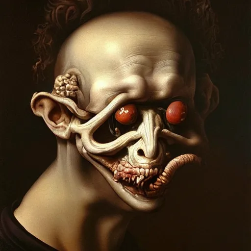 Image similar to oil painting with black background by christian rex van minnen rachel ruysch dali todd schorr of a chiaroscuro portrait of an extremely bizarre disturbing mutated man with acne intense chiaroscuro cast shadows obscuring features dramatic lighting perfect composition masterpiece