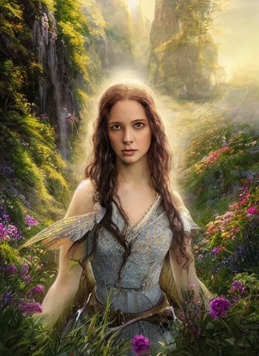 Image similar to portrait of a beautiful women with wings of lace in a lord of the rings scenery landscape, symmetrical body, face by artgerm, river, tall flowers, sunny day, highly detailed, perfect lighting, perfect composition, 4 k, by alan lee, by derek zabrocki, by greg rutkowski