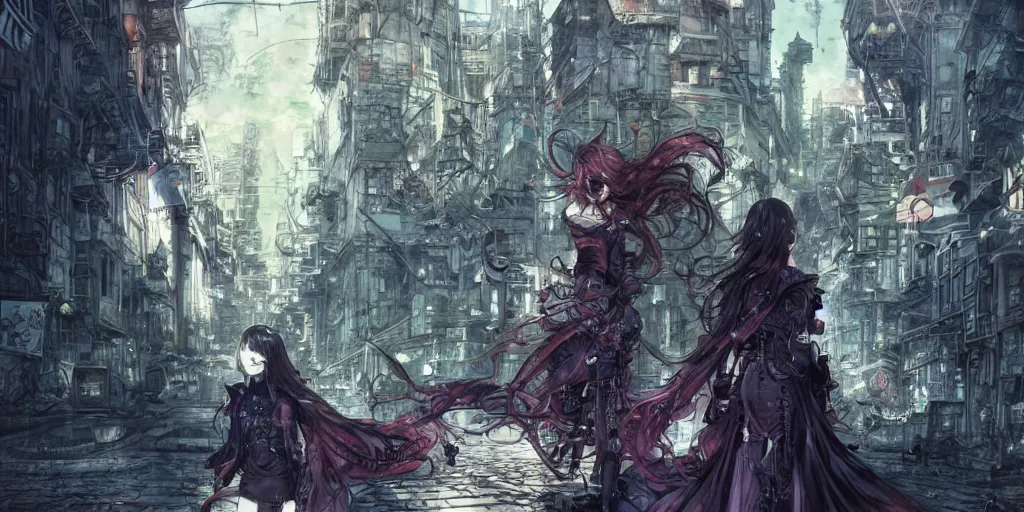 Image similar to goth woman in front of city, color page, tankoban, 4 k, tone mapping, akihiko yoshida, james jean andrei riabovitchev marc simonetti, yoshitaka amano, long hair, curly, h. hydrochaeri